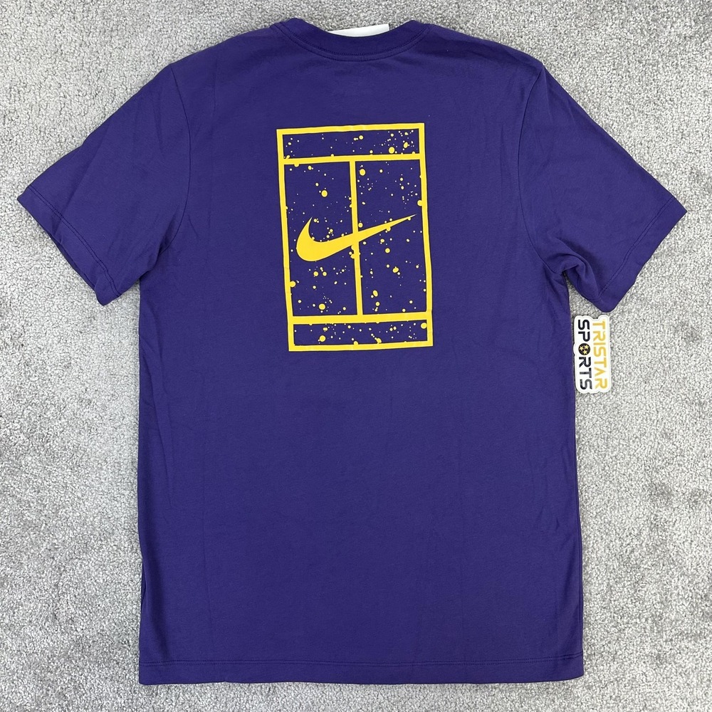 Nike Dri-FIT Shirt Mens Small Purple Swoosh Tennis Court Graphic Cotton Blend